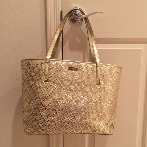 kate spade Handbags - Kate Spade Gold Pewter Straw Tote Bag