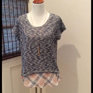 2 in 1...Navy Sweater with Pink Plaid Hem