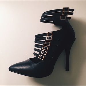 Anne Michelle Caged Mini Buckle Pointy Toe Heels