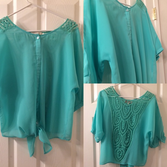 Olive and oak front tie top, crochet back