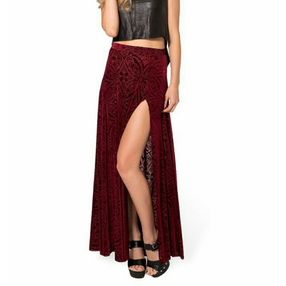 Blackmilk Burned velvet wine split maxi skirt