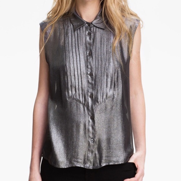 Equipment Tops - Equipment Metallic Silver Tuxedo Top