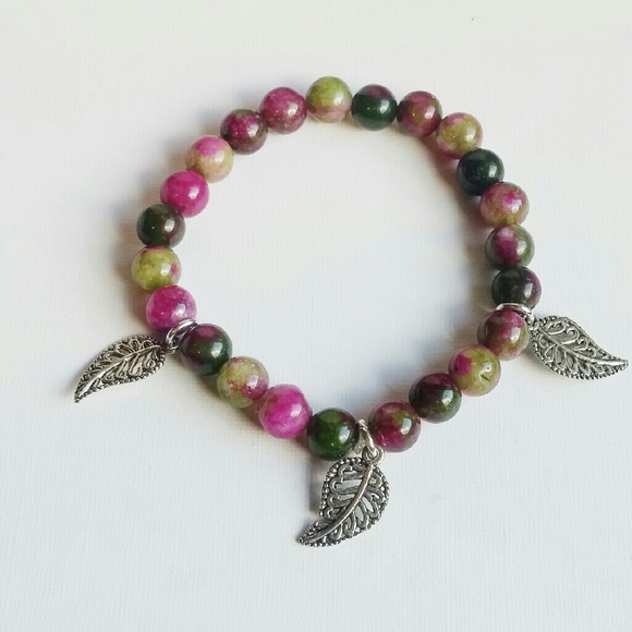 watermelon bead bracelet with silver leafs