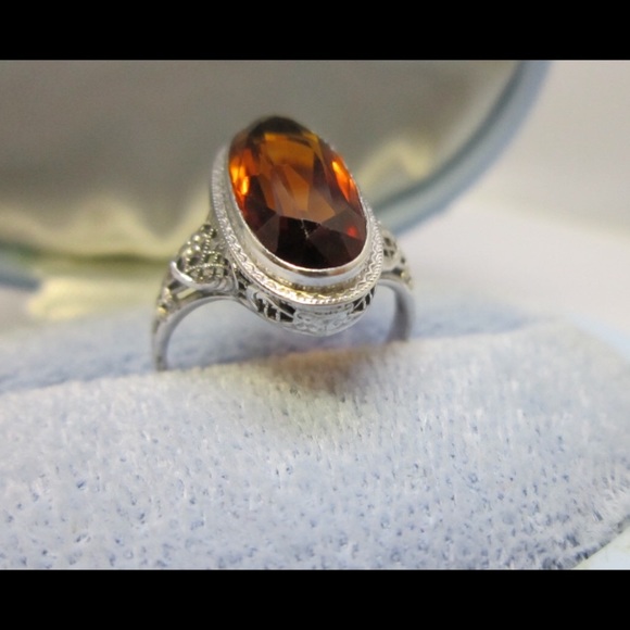 Antique 14k White Gold Citrine Ring diamonds sell