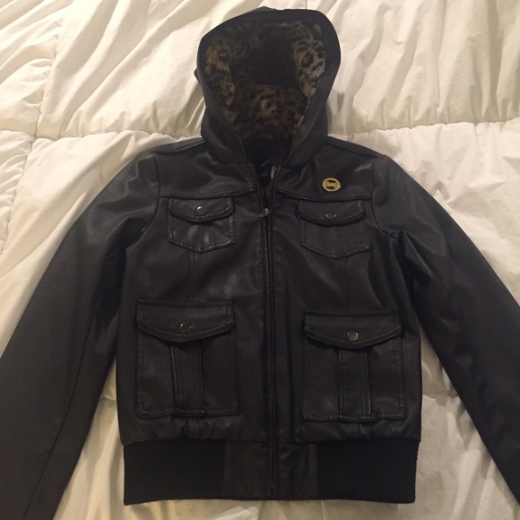 Obey Faux Black Leather Hooded Bomber Jacket