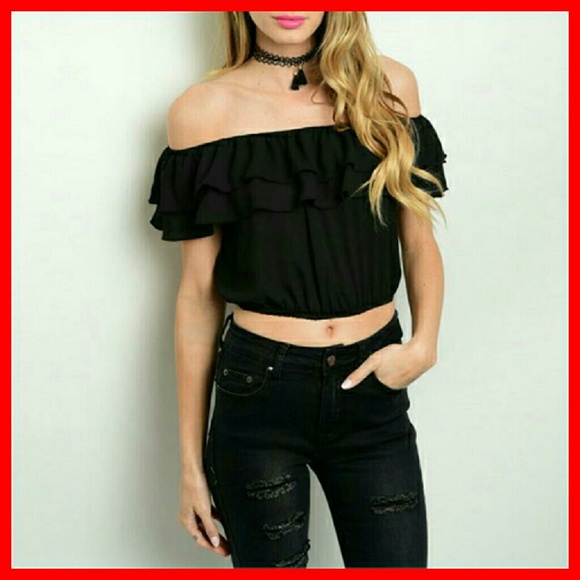 Black Double Ruffle Crop Top - Picture 2 of 3