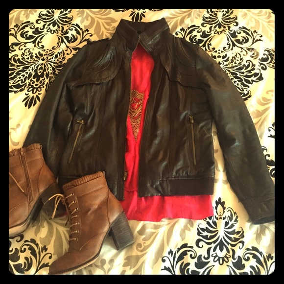 GUESS Brown Leather Bomber Jacket Size Small