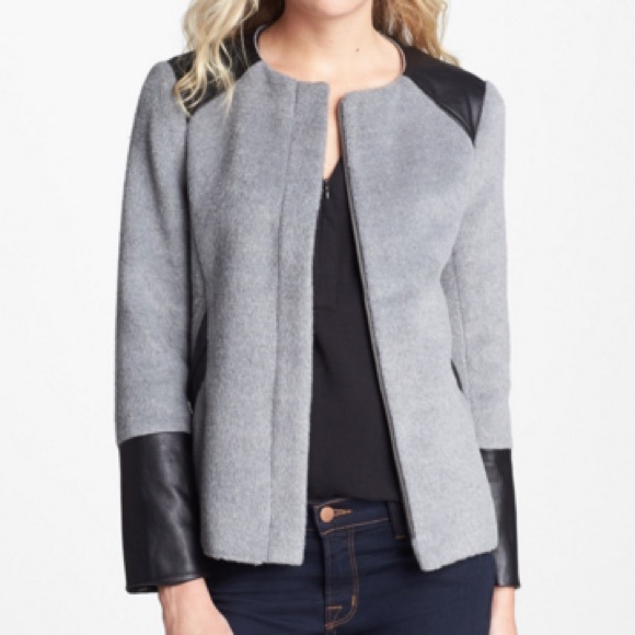 Ella Moss Gray Faux Leather Trim Wool Jacket