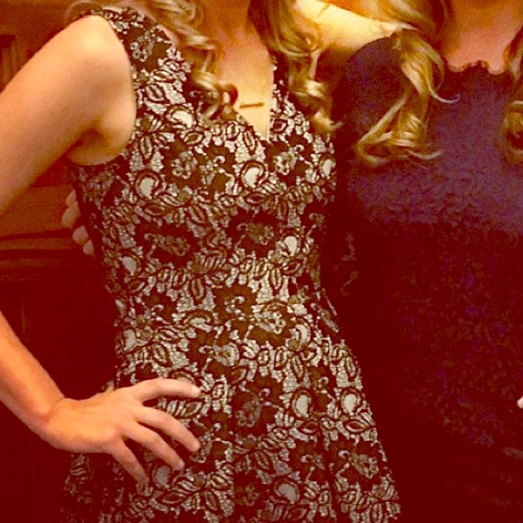 Black and Tan floral lace v neck skater dress
