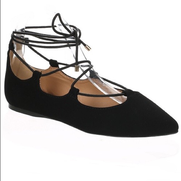 🎉3X HP🎉 Black Pointed Toe Lace Up Flat Shoes 6 - Picture 2 of 4