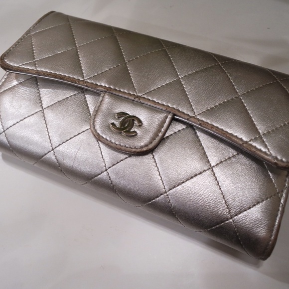 Chanel Metallic Quilted Flap Trifold Wallet