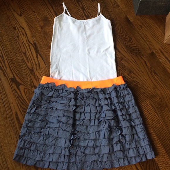 J. Crew Blue Chambray Neon Orange Ruffle Skirt
