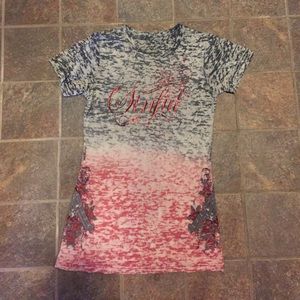 Sinful cross pistol gun gray pink burnout T-shirt