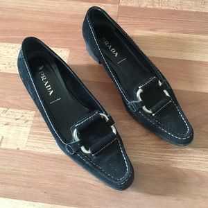 Prada contrast stitch black suede loafers