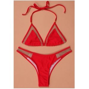 Mesh cutout red bikini