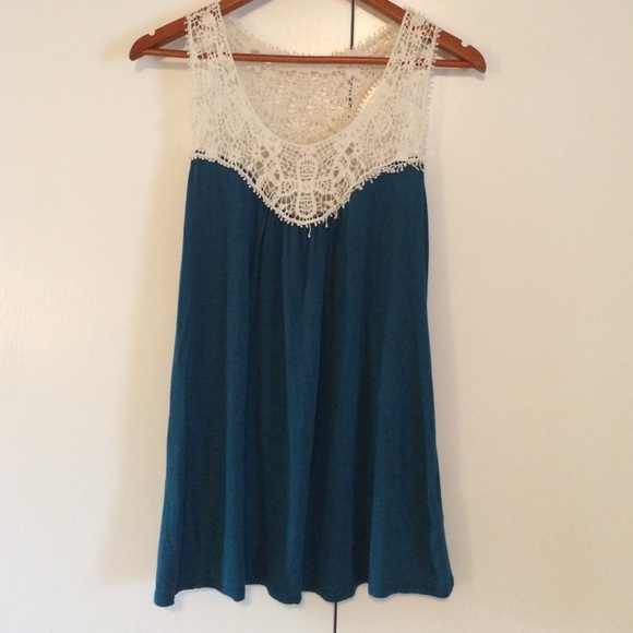 Dark teal green with ivory crochet racerback tank