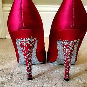 Red satin Aldo pumps with crystal and glitter sole