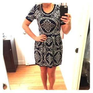 Paisley print, navy & white, sweater dress