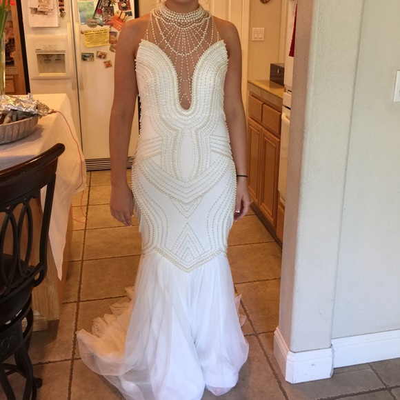 2016 White Jovani pearl beaded prom dress!