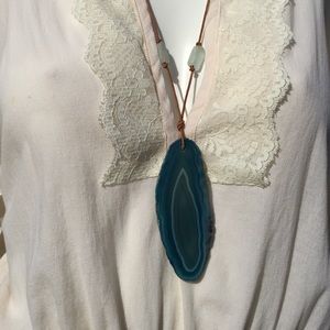 Blue Agate & Beach Glass Necklace. Leather  Cord.