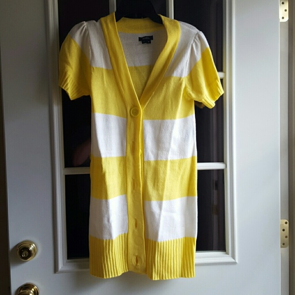 Striped yellow and white XOXO cardigan.