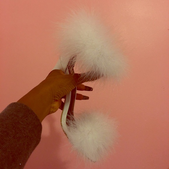 White Doll Fur Heels Size 6.5 Sandals