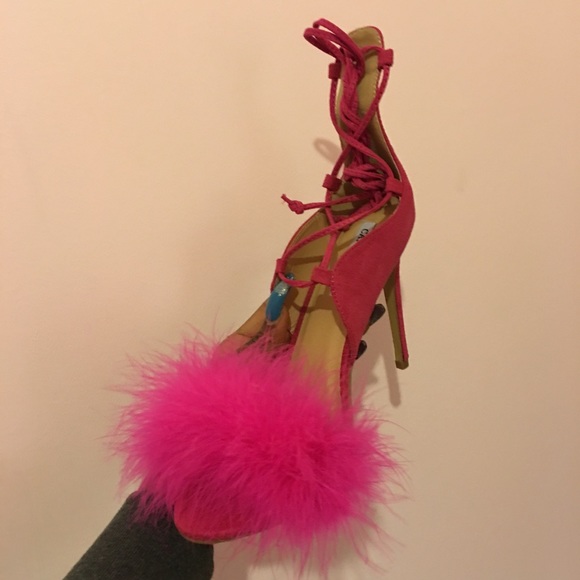 Pink Single Fur Heels Size 11 Lace Up Sandals - Picture 1 of 2