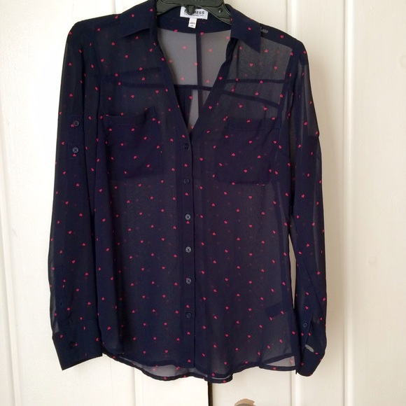 Express Portofino Shirt Navy with Pink Hearts Sz S