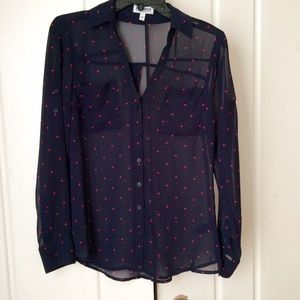 Express Portofino Shirt Navy with Pink Hearts Sz S