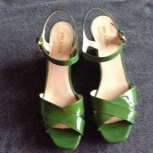 Prada Kelly green patent sandals.