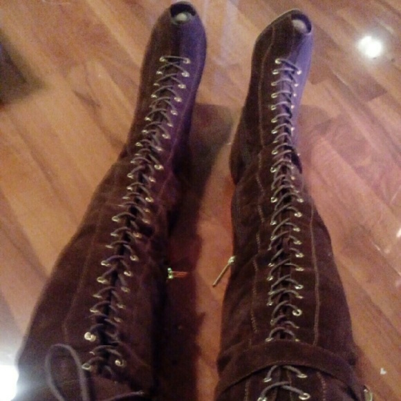 Brown peek a boo thigh high boots - Picture 2 of 5