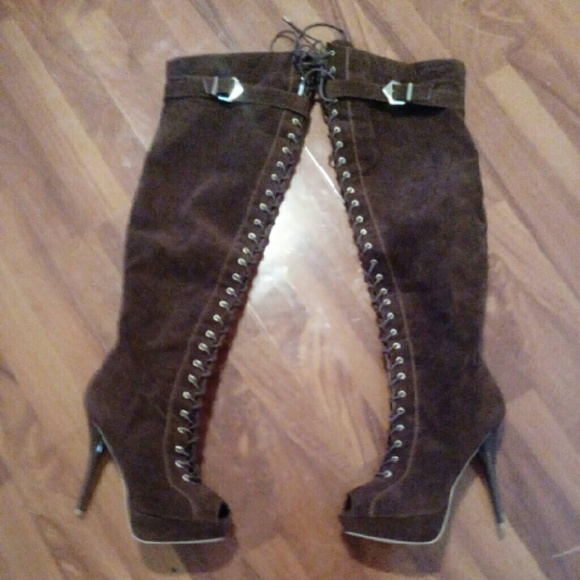 Brown peek a boo thigh high boots - Picture 3 of 5