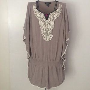 Style & Co Taupe Top with White Crochet Detail L