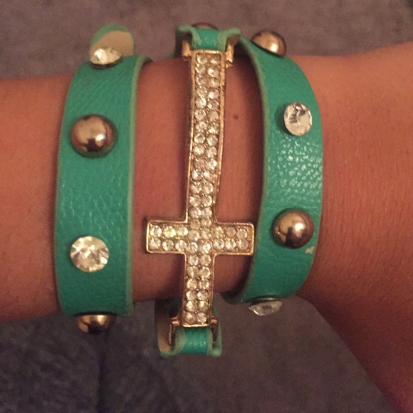 Turquoise + rhinestone cross bracelet