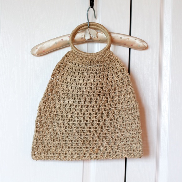 Vintage 70s round handle macrame jute tote