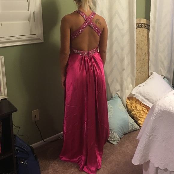 Pink prom dress with rhinestones.