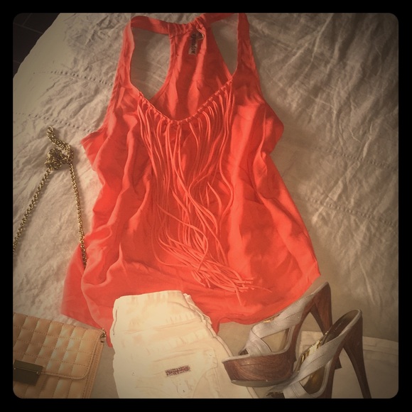 Coral fringe racer back silk top, spring top! - Picture 1 of 4