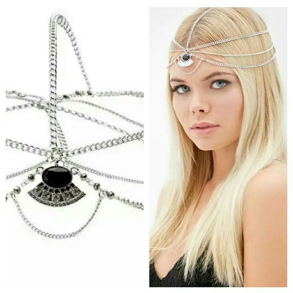SILVER BOHO HEAD CHAIN WITH BLACK GEM - Picture 3 of 4