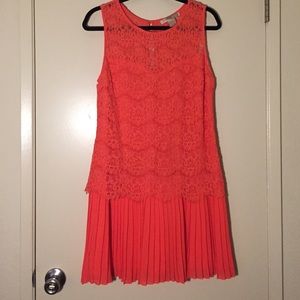Coral 1920's Style Dress with Lace and Pleats