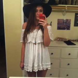 White Sheer Gauze Off the Shoulder Mini Dress