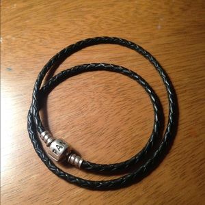 Leather Pandora bracelet and 2 wood charms