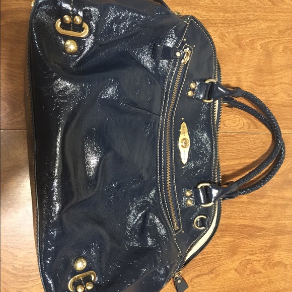 Blue patent leather tote handbag