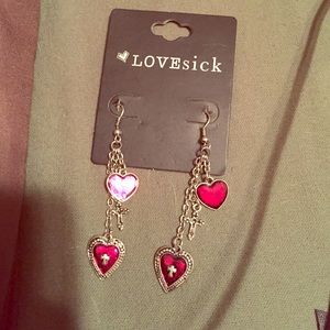 Silver red heart cross dangle earrings