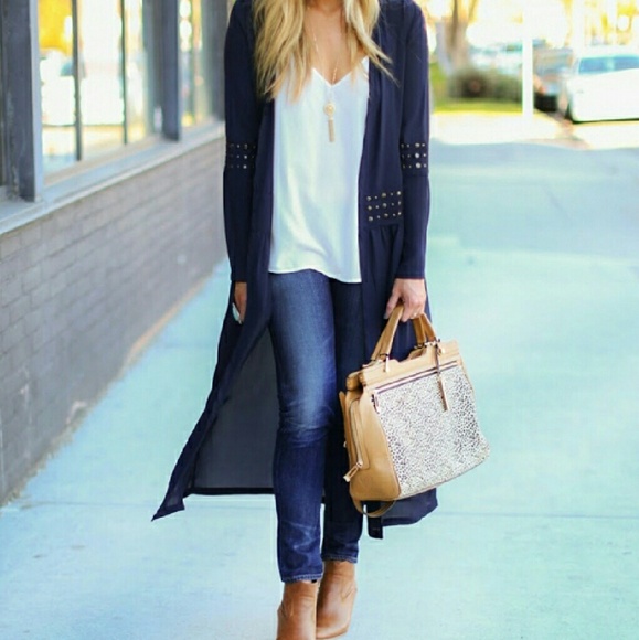 Navy Blue Boho Open Front Long Studded Duster - Picture 2 of 4