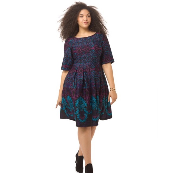 Fit and flare Scuba Dress in Contrast Teal Print