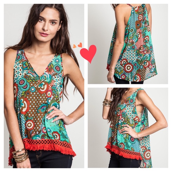 🌺HP 4/3, 1/5🌺CUTE PRINTED TANK WITH FRINGE - Picture 3 of 4