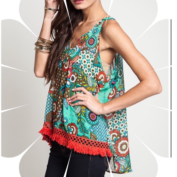 🌺HP 4/3, 1/5🌺CUTE PRINTED TANK WITH FRINGE - Picture 4 of 4