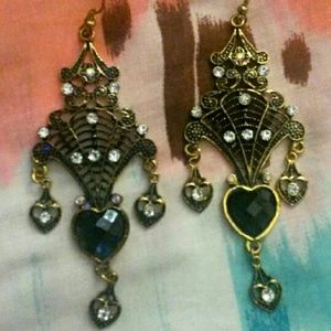 Black and Gold Heart Crystal Chandelier Earrings