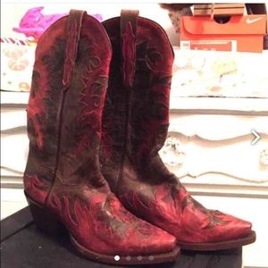 Dark brown and red Dan post boots