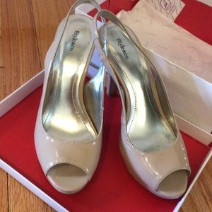 Nude high heel peeptoe slingbacks, size 7.5M